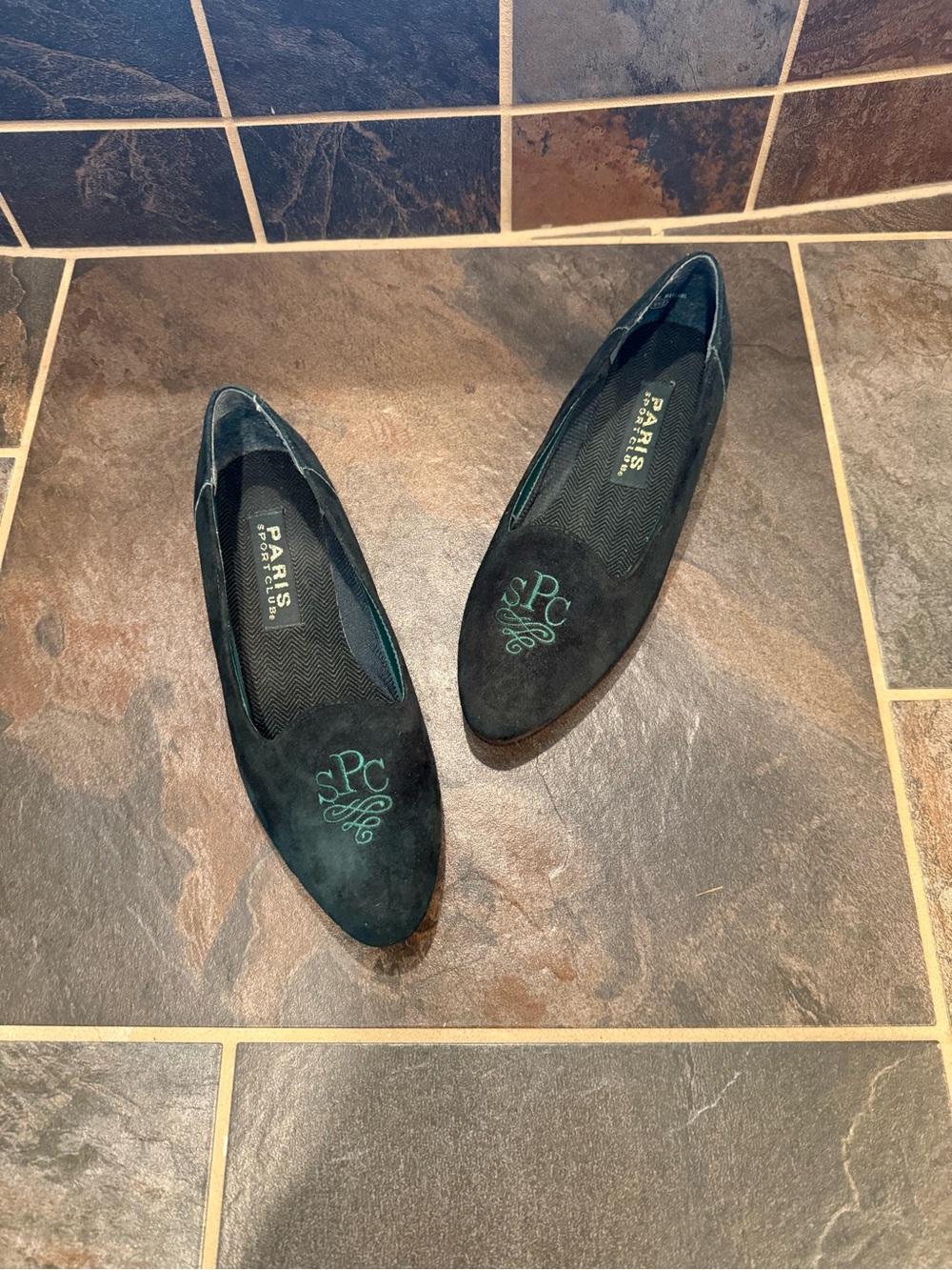 Vintage Green Paris Sport Club Suede Women's Pointed Loafers with Teal Monogram